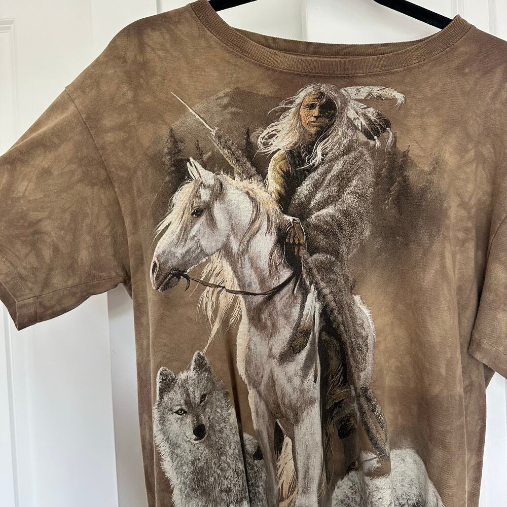 Vintage Y2K The Mountain M Native American Indian Wolf Horse Brown Dyed T-Shirt - Picture 6 of 6